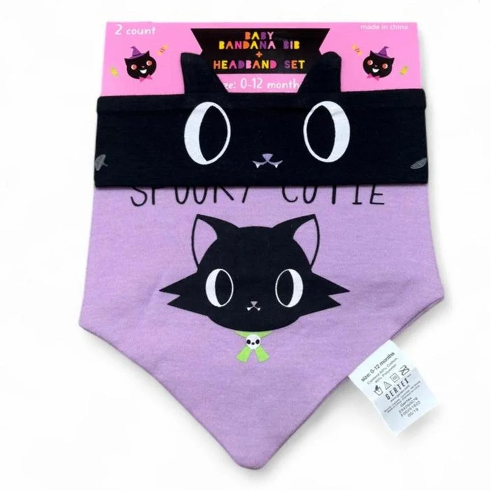 Halloween Baby Bandana Bib Headband 2 Set 0-12M black cat & MY FIRST HALLOWEEN